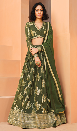Army Green Floral Woven Lehenga in Georgette with Sequins Work