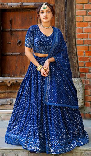 Royal Blue Flared Lehenga in Georgette with Checks Sequinned Work