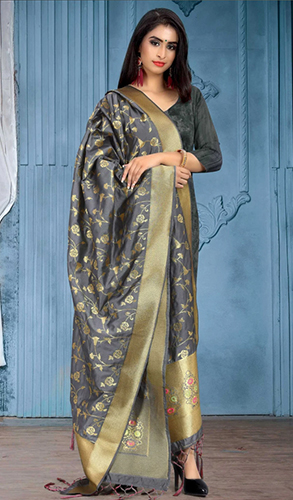 Dark Grey Banarasi Silk Floral Jaal Woven Dupatta