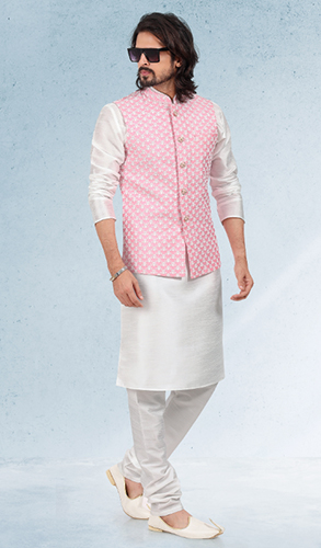 White Banarasi Art Silk Kurta Pajama with Jacket