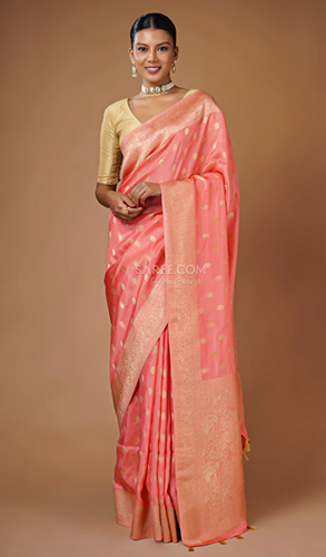 Pink Woven Butti Saree in Muga Silk with Elephant and Peacock Motifs