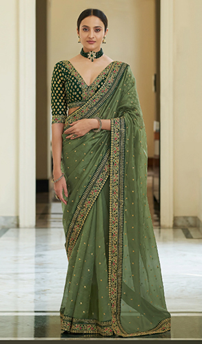 Olive Green Organza Embroidered Saree
