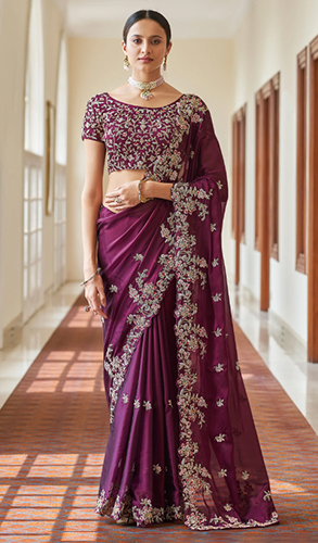 Purple Colored Saree in Organza with Embroidered Border and Buttis