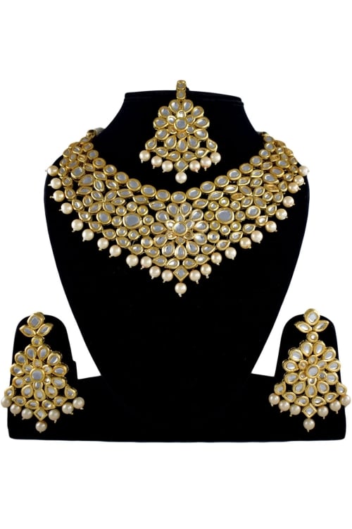 Golden Alloy White Stone Necklace Set with Pearl