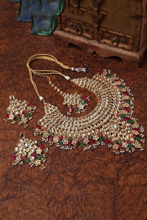 Golden Alloy Kundan Heavy Bridal Necklace Set