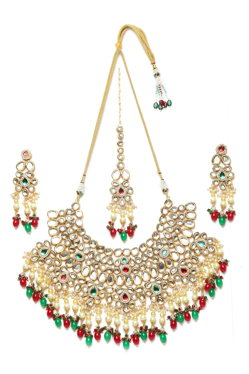 Golden Alloy Kundan Heavy Bridal Necklace Set with Pearls