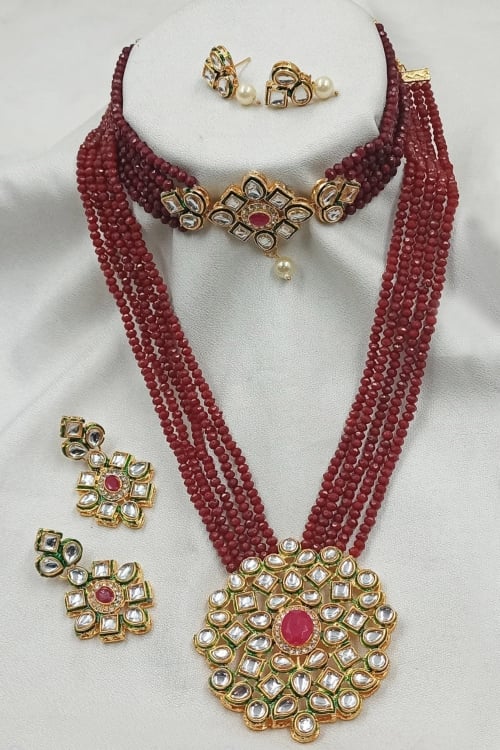 Maroon Beads and Kundan Necklace Set
