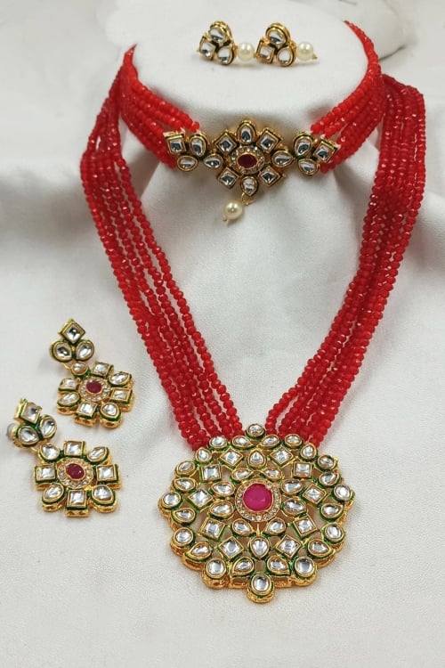 Red Beads and Kundan Necklace Set