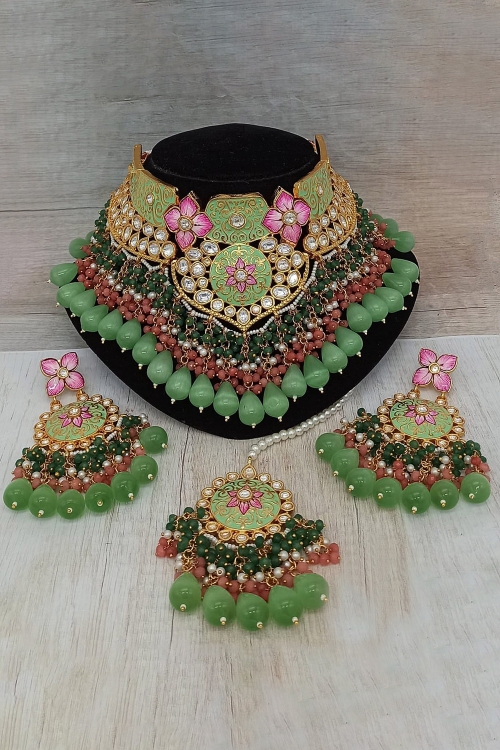 Green Meenakari Kundan Choker Necklace Set