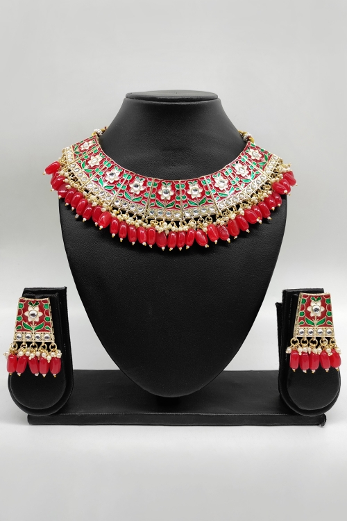 Alloy Meenakari Necklace Set with Pearls