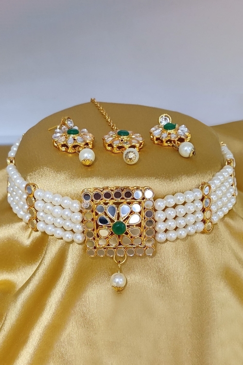 Pearl Choker Necklace Set with Mirror Work