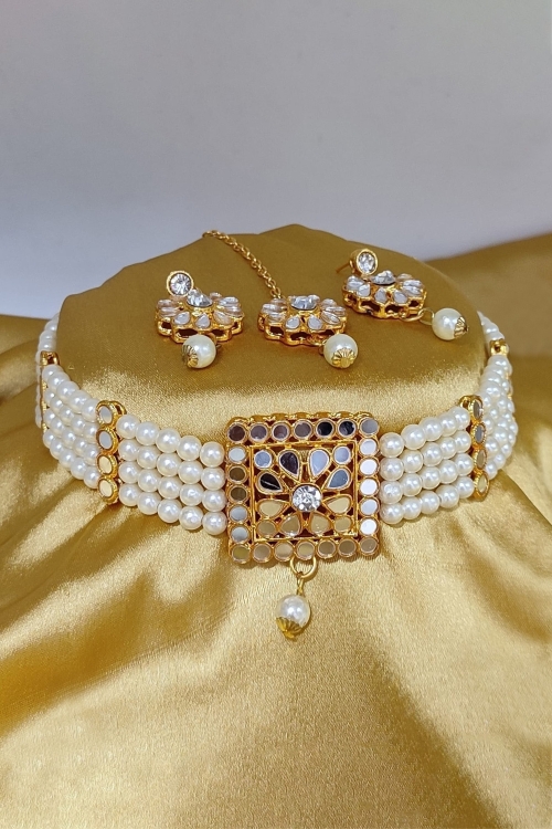 Pearl Choker Necklace Set with Mirror Work