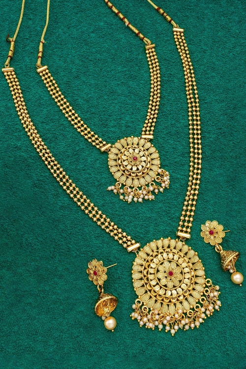 Golden Round Shaped Double Necklace Set