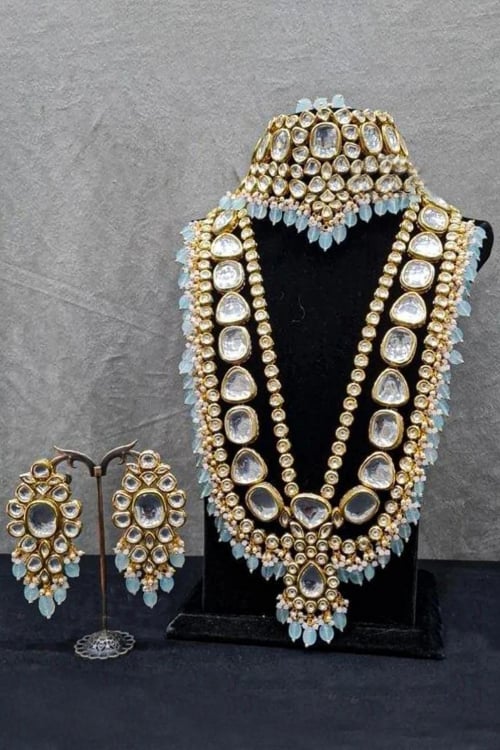Grey Alloy Kundan Choker and Long Necklace Set