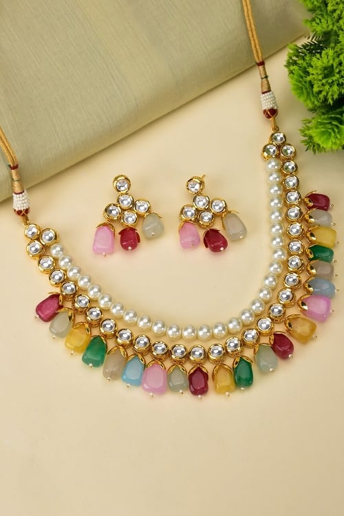 Multi Colored Pearl and Kundan Necklace Set