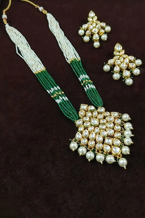 Green and White Beaded Kundan Worked Pendant Set