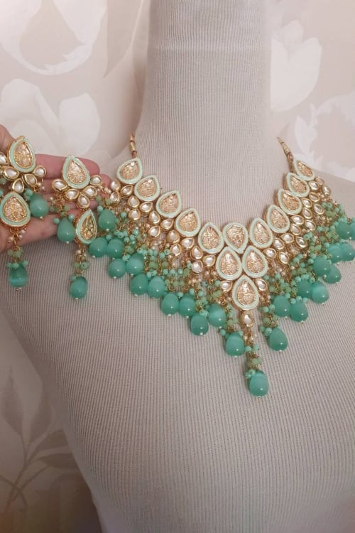 Sea Green Kundan Worked Necklace Set