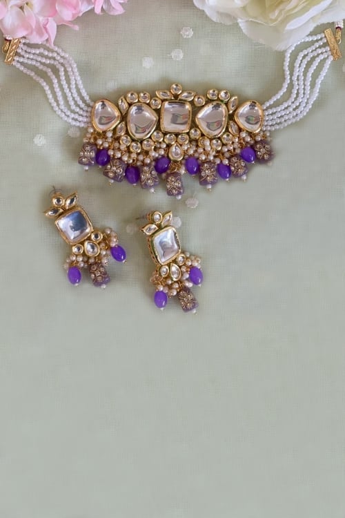 Light Purple Kundan and Pearl Necklace Set