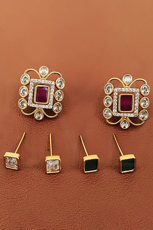 Gold Finished Square Shaped Earrings Along with Changeable Stone