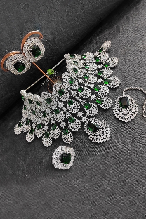 American Diamond Necklace Set with Green Stones with Mangtika and ring