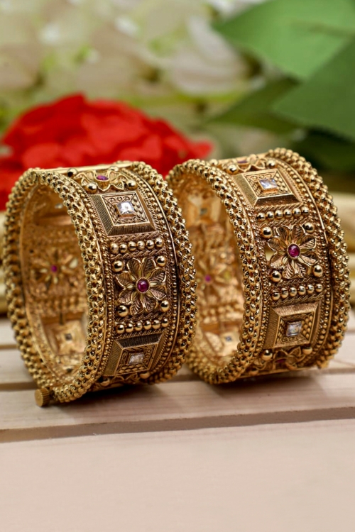Gold Plated Broad Openable Bangles Set with Stone Studded