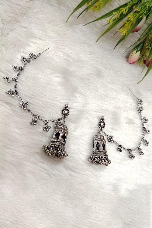 Silver Plated Temple Shaped Hair Chain Jhumka Earrings