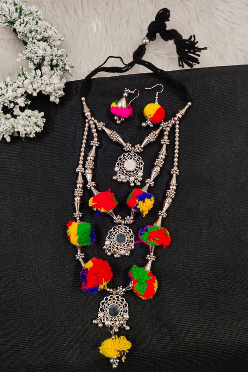 Oxidised Layered Necklace Set with Pom Pom