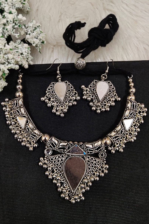 Antique Silver Oxidised Choker Necklace Set with Mirror