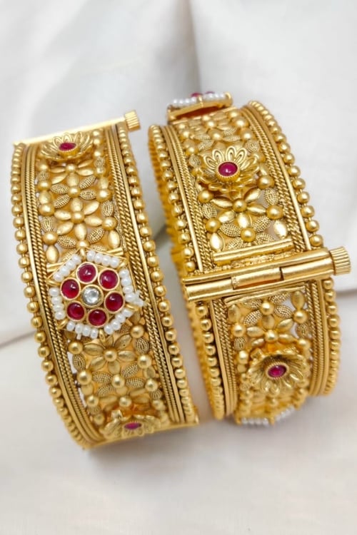 Gold Plated Stone and Beads Work Openable Kada