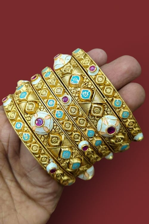 Gold Plated Meenakri Worked and Stone Studded Bangles Set