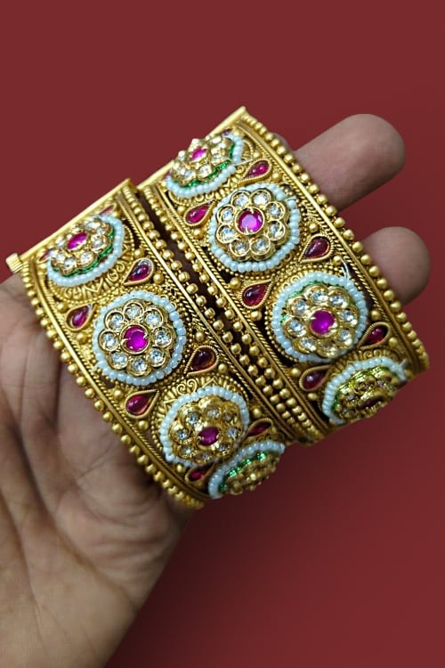 Gold Plated Pink Stone and Beaded Rajwadi Openable Kada
