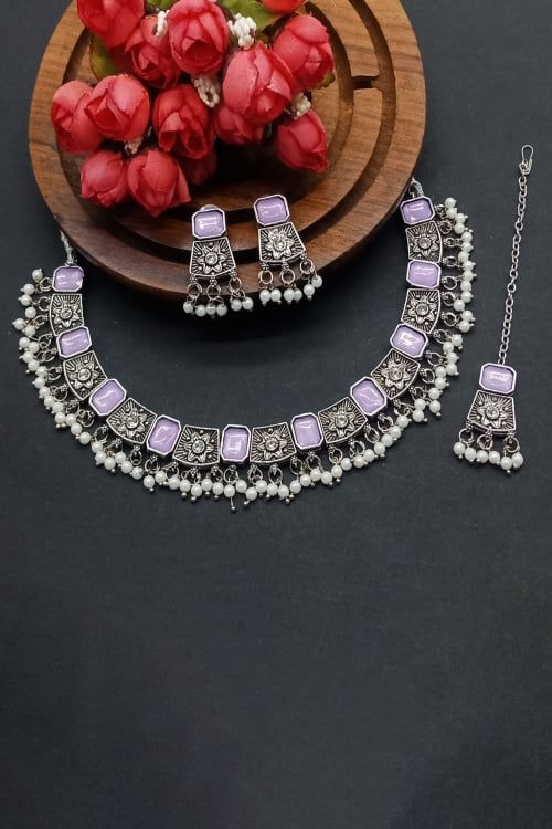 Oxidized Stone and Bead Studded Necklace Set
