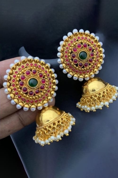 Stone and Pearl Studded Jumkhi Earrings