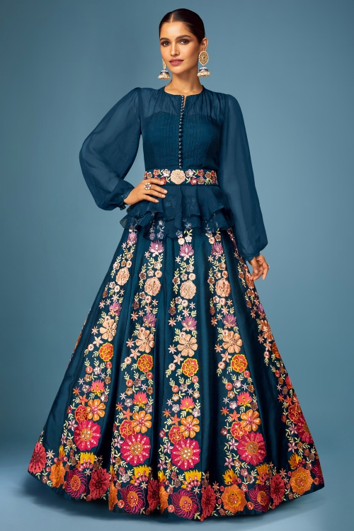 Rama Blue Georgette Crop Top with Embroidered Lehenga