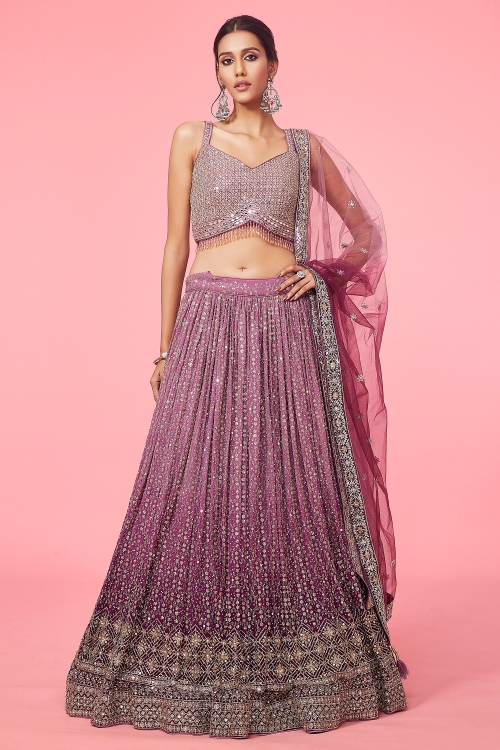 Mulberry Purple Ombre Lehenga in Georgette Embellished with Heavy Embroidery and Sequins Work