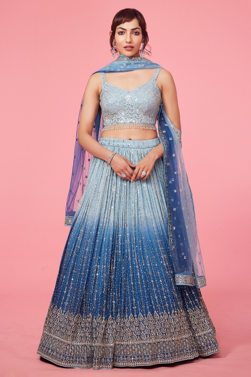 Yale Blue Ombre Lehenga in Georgette with Embroidery Sequins and Applique Work