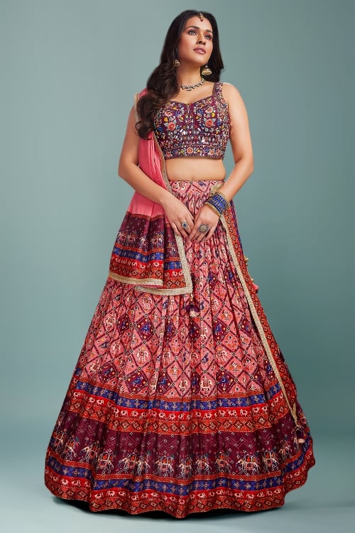 Punch Pink Patola Print Chinon Georgette Lehenga with Elephant and Bird Motifs