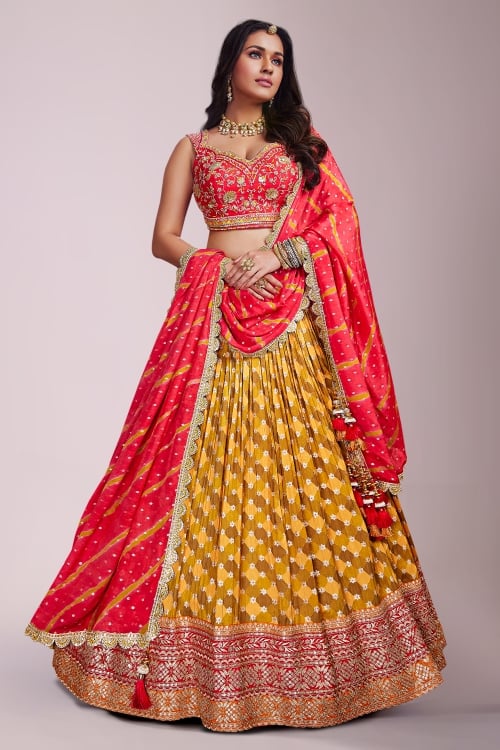 Yellow Shaded Checks Lehenga in Chinon Georgette with Sequin Embroidery On Border