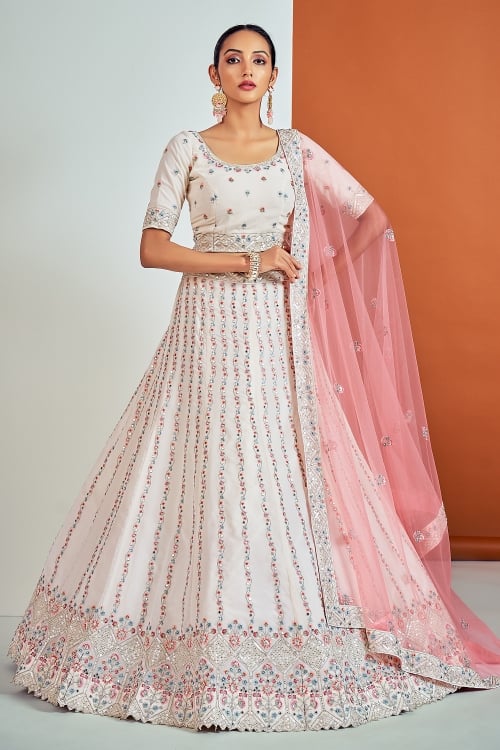 Off White Georgette Lehenga with Embroidery and Sequin Work