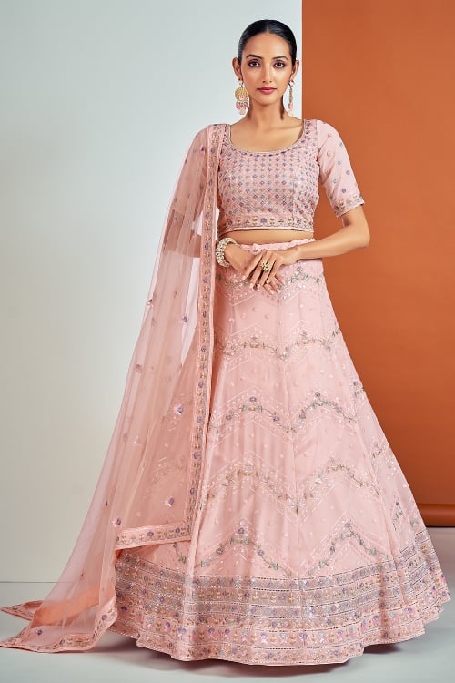 Light Peach Georgette Lehenga with Thread and Sequin Embroidery