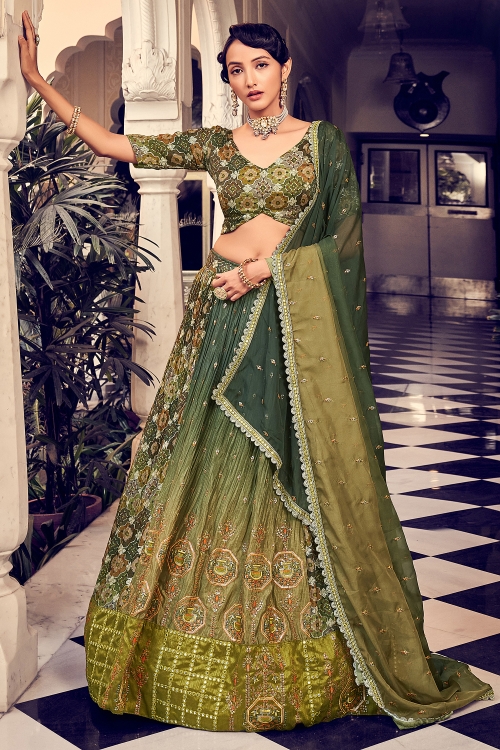 Olive Green Shaded Embroidery Sequins Bandhej Lehenga in Silk with Side Cut Outs Blouse