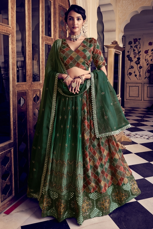 Hunter Green and Multi Colored Bandhej Lehenga in Silk with Embroidery Sequins Work