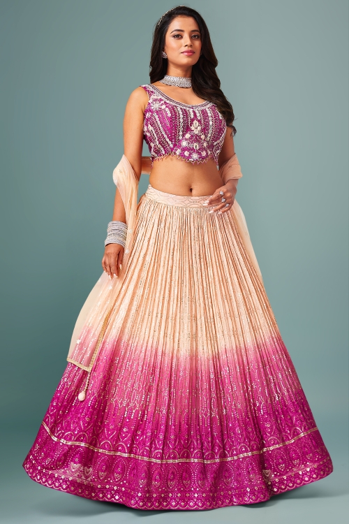 Pink Shaded Sequinned Lehenga in Georgette with Embellished Blouse