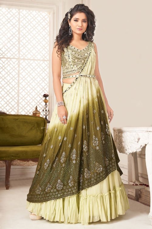 Pista Green Frill Border Lehenga in Georgette with Shaded Dupatta