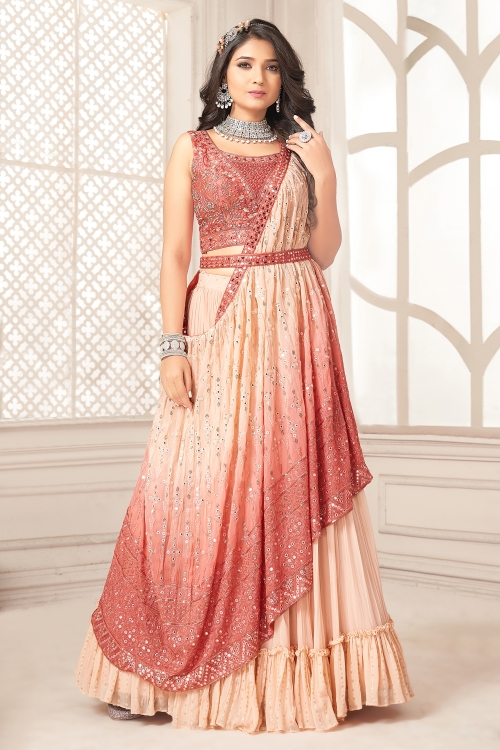Peach Shaded Frill Sequins Border Lehenga in Georgette with Embellished Blouse