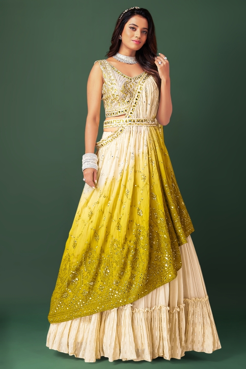 Cream Frill Border Lehenga in Georgette with Shaded Sequins Dupatta