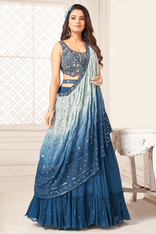 Teal Blue Frill Border Lehenga in Georgette with Fancy Dupatta