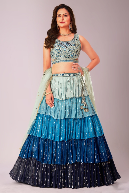 Blue Ombre Ruffle Layered Sequins Lehenga in Georgette