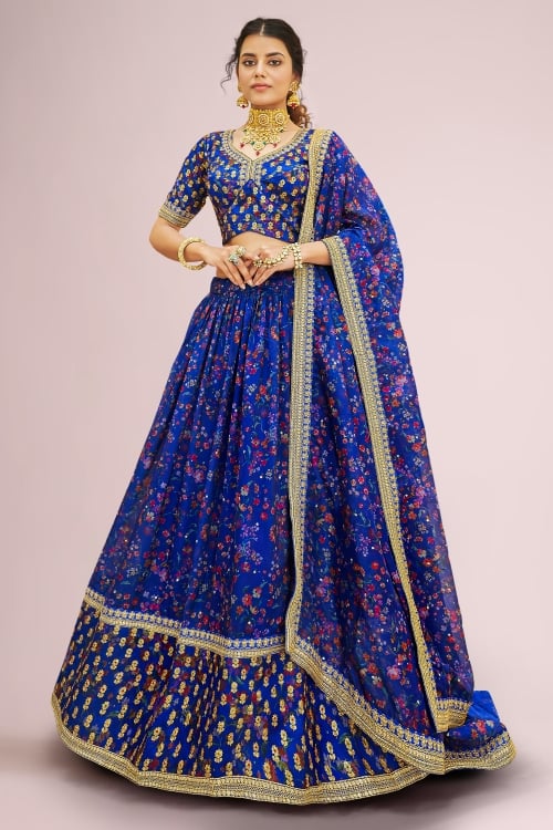 All Over Floral Print Lehenga in Organza with Sequins Embroidery