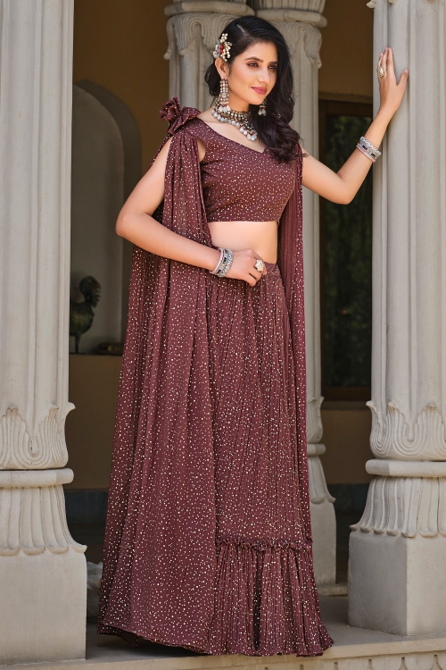 Georgette Foil Printed Brown Lehenga Crop Top Set with Attached Cape